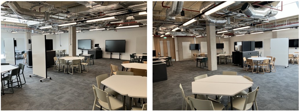 Classroom with table and chairs set up for active learning.